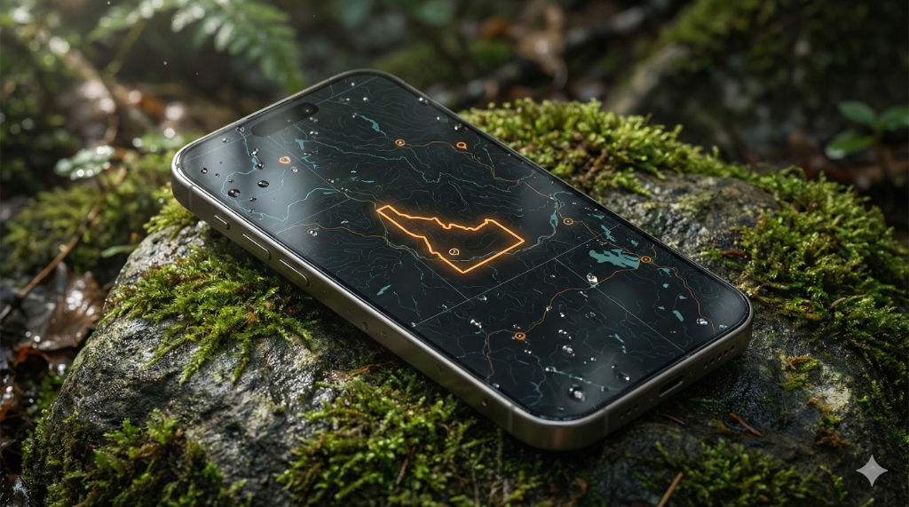 Concept illustration of outdoor mapping on a phone in a forest